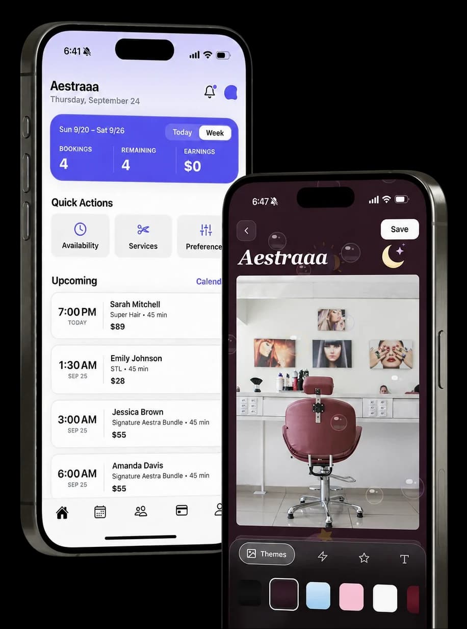 Aestra app: the dashboard with the week's bookings, and the booking page design editor