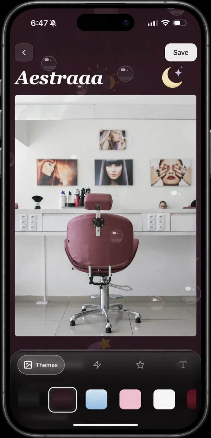 The booking page designer in the Aestra app, with a salon photo and theme swatches