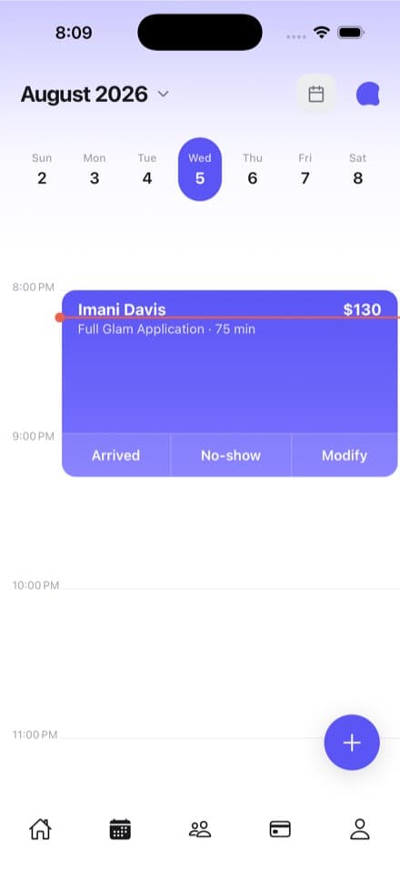 The Aestra calendar showing a day timeline where the current-time line crosses an in-progress booking with the client, service, price, and Arrived, No-show and Modify buttons