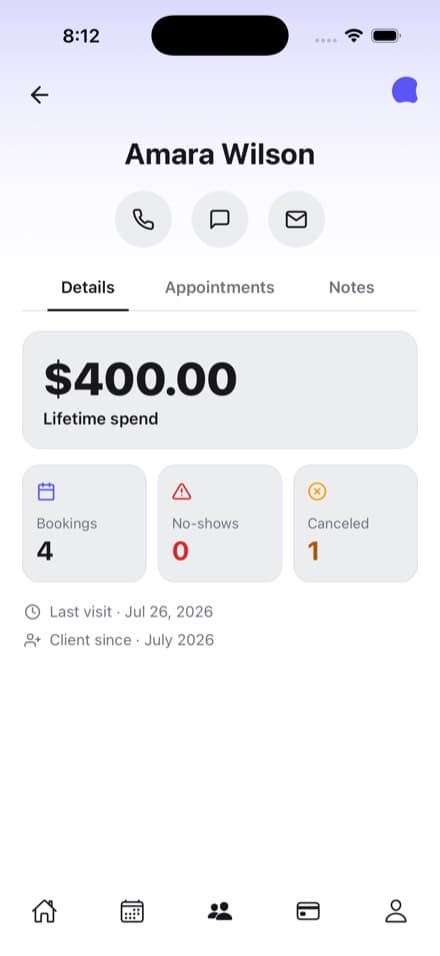 A client profile in the Aestra app with call, message and email buttons and a details tab showing lifetime spend, bookings, no-shows, cancellations, last visit and client-since dates